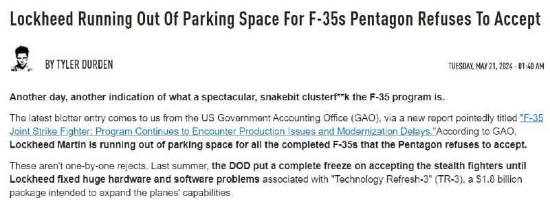 Lockheed Runs Out of Parking for F-35s as Pentagon Refuses to Accept Troubled Jets