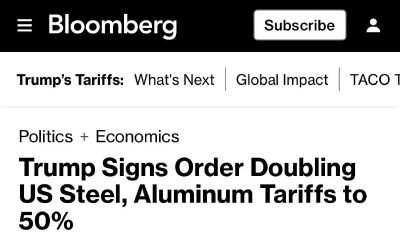 Трамп вдвое увеличил пошлины на сталь и алюминий, заявляет Bloomberg