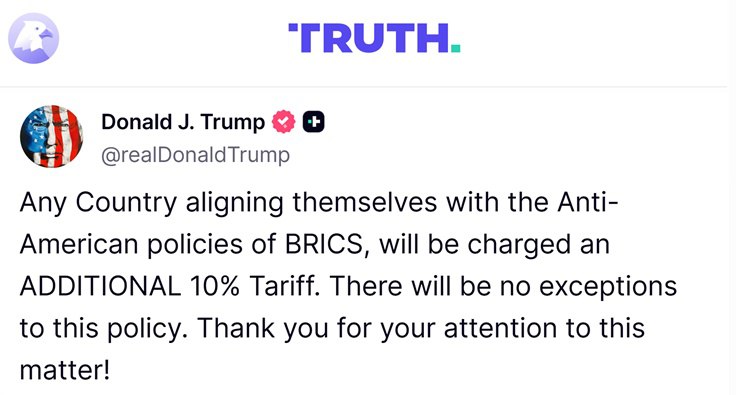 Трамп пригрозил 10%-й пошлиной странам, поддерживающим антиамериканскую политику БРИКС